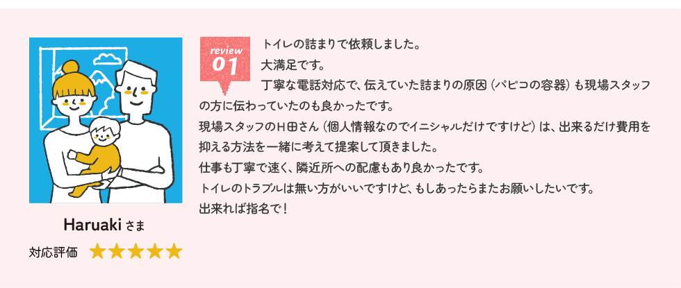 Haruakiさま トイレの詰まりで依頼しました。大満足です。丁寧な電話対応で、伝えていた詰まりの原因（パピコの容器）も現場スタッフの方に伝わっていたのも良かったです。現場スタッフのＨ田さん（個人情報なのでイニシャルだけですけど）は、出来るだけ費用を抑える方法を一緒に考えて提案して頂きました。仕事も丁寧で速く、隣近所への配慮もあり良かったです。トイレのトラブルは無い方がいいですけど、もしあったらまたお願いしたいです。出来れば指名で！
