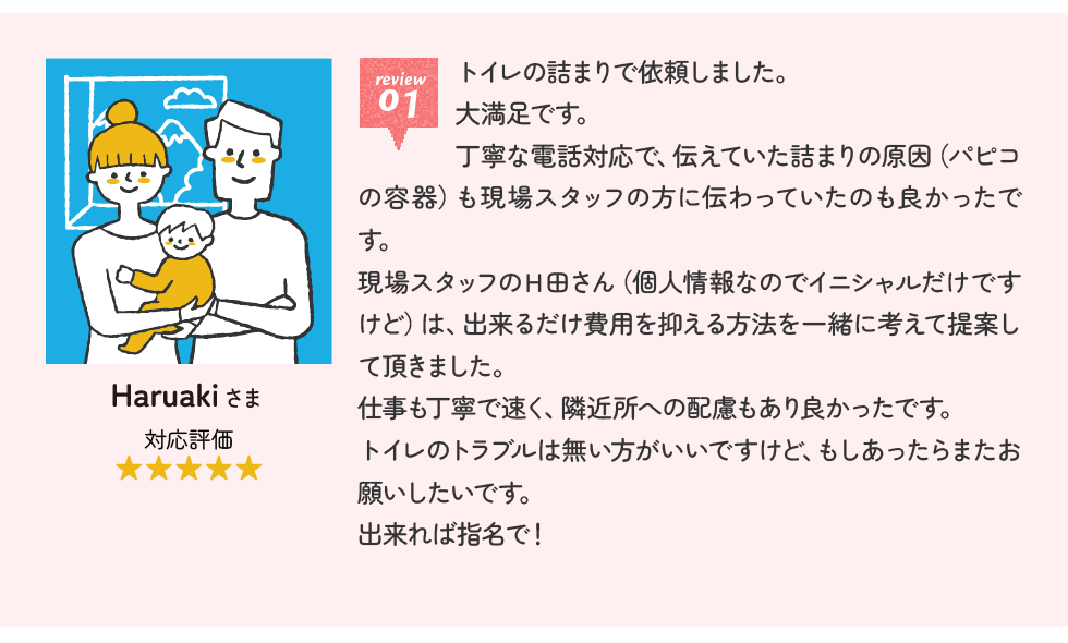 Haruakiさま トイレの詰まりで依頼しました。大満足です。丁寧な電話対応で、伝えていた詰まりの原因（パピコの容器）も現場スタッフの方に伝わっていたのも良かったです。現場スタッフのＨ田さん（個人情報なのでイニシャルだけですけど）は、出来るだけ費用を抑える方法を一緒に考えて提案して頂きました。仕事も丁寧で速く、隣近所への配慮もあり良かったです。トイレのトラブルは無い方がいいですけど、もしあったらまたお願いしたいです。出来れば指名で！